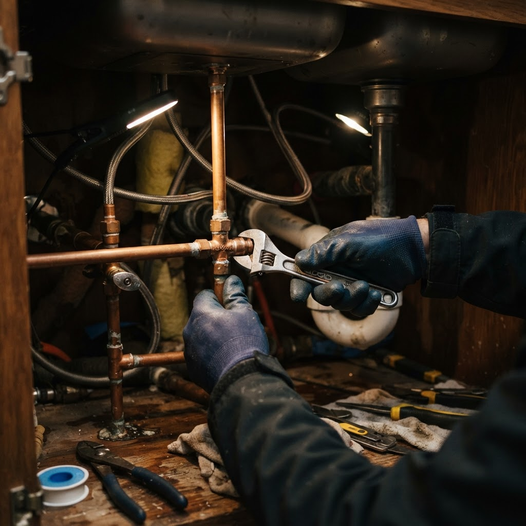 Vanguard Plumbing technician repairing pipes on a job in Plano, TX